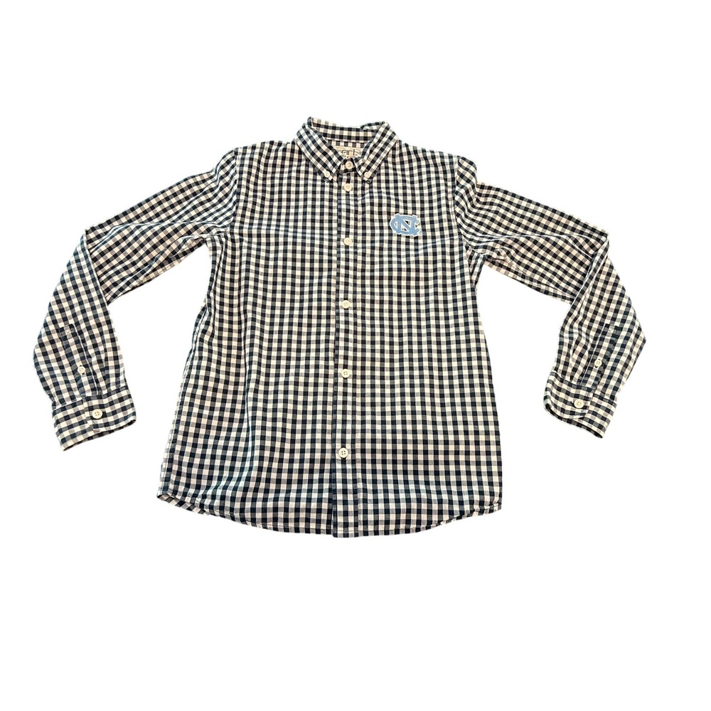 Garb Team Boys UNC Tar Heels Gingham Button Down Shirt Navy White Size‎ L 9-10
